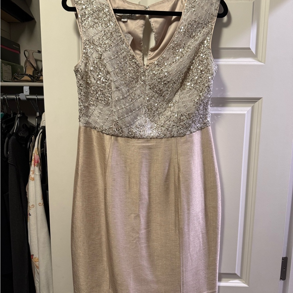 Kay Unger Beige and Silver Sequin Midi Dress